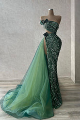 Green Strapless Sleeveless Sequined Beaded High Slit Column Formal Evening Dress