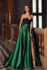 Green Sweetheart Sleeveless Lace Satin A-Line Slit Floor Length Formal Evening Dress