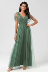 Green V-Neck Short Sleeve Beaded Applique A-Line Tulle Floor Length Formal Evening Dress