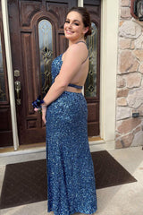 Grey Blue Sequined Plus Size Halter Prom Dress with Front Cut Out and Split