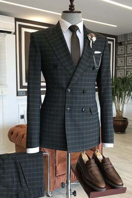 Hal New Arrival Deep Gray Plaid Double-Breasted Peaked Lapel Business Suit