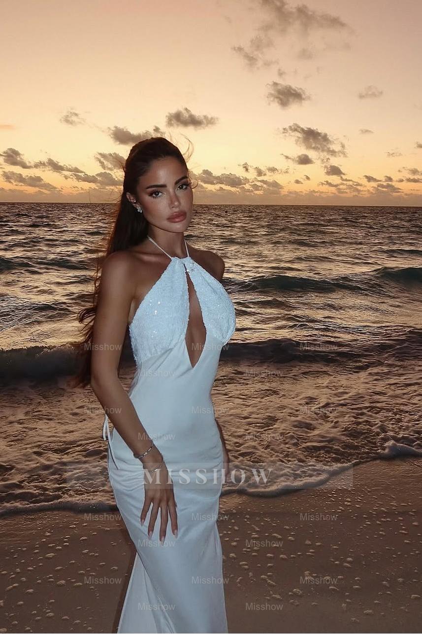 Halter Backless Sleeveless Long Formal Dress With Ruffles Sequins