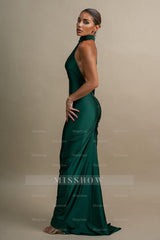Halter Backless Sleeveless Mermaid Long Formal Dress With Ruffles