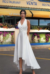 Halter Deep V-Neck Crossover Crystal Waist Belt Hi-Low Hem Open Back Wedding Dress Boho Bridal
