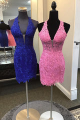 Halter Deep V-Neck Illusion All-Over Lace Applique Rhinestone Scatter Open Back Eyelash Hem Bodycon Homecoming Dress Mini