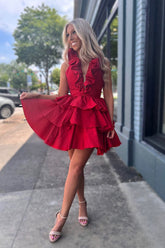 Halter Deep V-Neck Ruffle Neckline Tiered Layered Ruffle Skirt Open Back Satin A-Line Homecoming Dress Mini