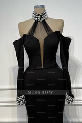 Halter Off the Shoulder Long Sleeves Mermaid Long Formal Dress With Beading