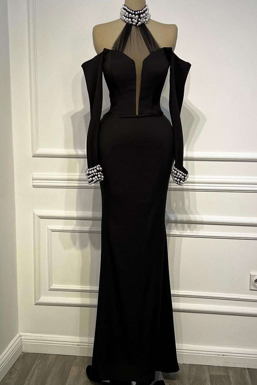 Halter Off the Shoulder Long Sleeves Mermaid Long Formal Dress With Beading