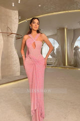 Halter Sequins Sleeveless Mermaid Long Formal Dress With Pleated