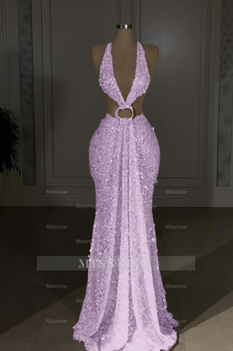 Halter Sleeveless Backless Long Mermaid Formal Dress With Sequins