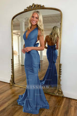 Halter Sleeveless Backless Mermaid Long Formal Dress With Bowknot