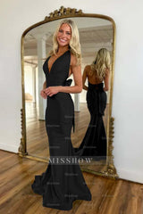 Halter Sleeveless Backless Mermaid Long Formal Dress With Bowknot