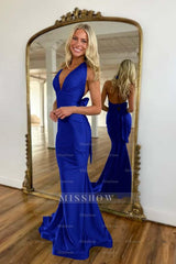 Halter Sleeveless Backless Mermaid Long Formal Dress With Bowknot