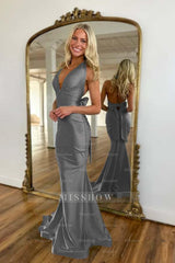 Halter Sleeveless Backless Mermaid Long Formal Dress With Bowknot