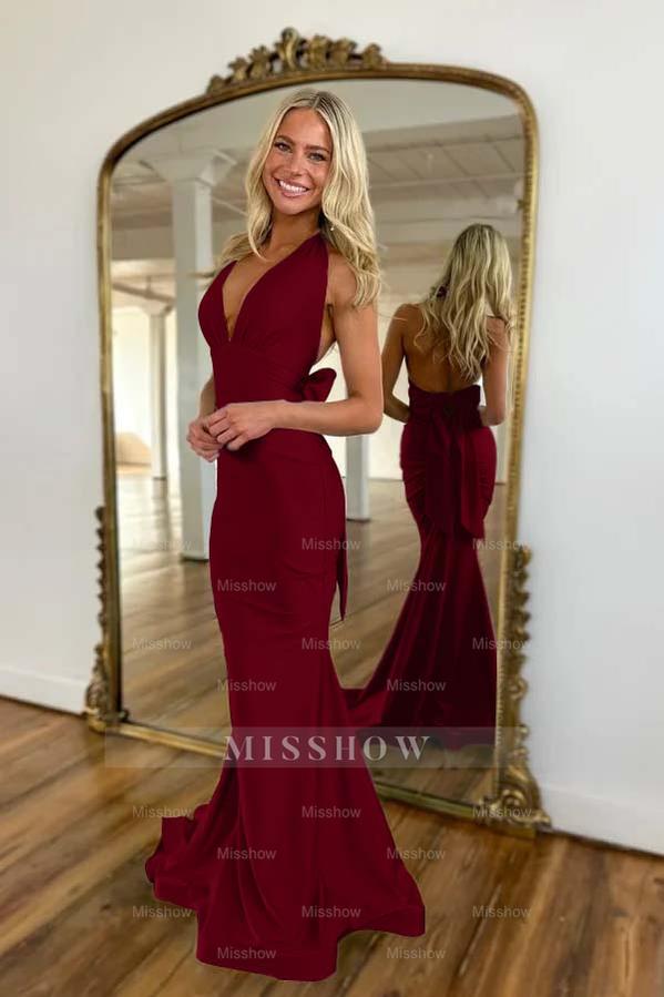 Halter Sleeveless Backless Mermaid Long Formal Dress With Bowknot