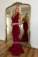 Halter Sleeveless Backless Mermaid Long Formal Dress With Bowknot