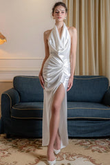 Halter Sleeveless Backless Split Long Formal Dress With Pleated