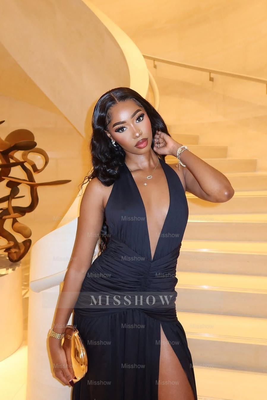 Halter Sleeveless Deep V Neck Long Split Formal Dress With Pleated