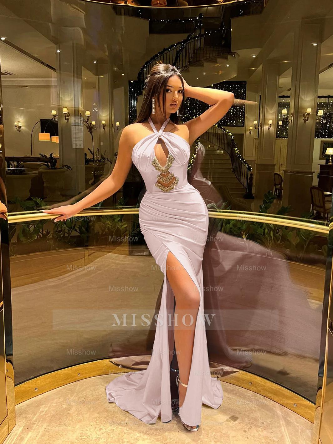 Halter Sleeveless High Split Long Formal Dress With Pleated Beading