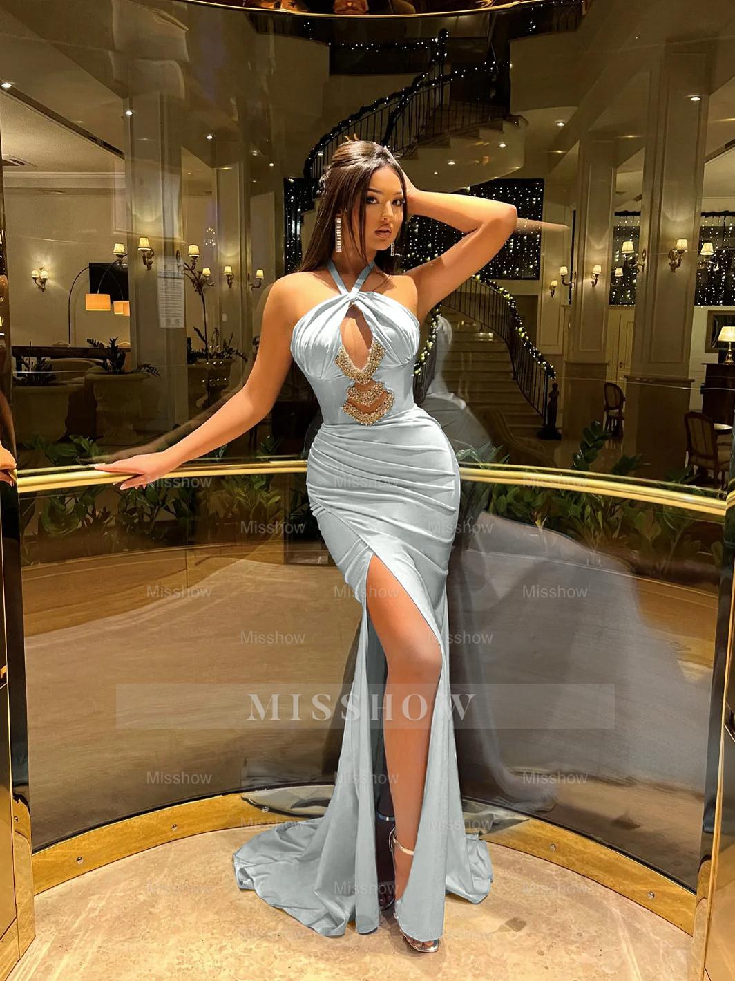 Halter Sleeveless High Split Long Formal Dress With Pleated Beading