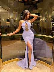 Halter Sleeveless High Split Long Formal Dress With Pleated Beading