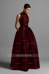 Halter Sleeveless High Waist Long Formal Dress With Pocket Pleated