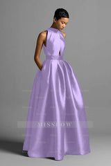 Halter Sleeveless High Waist Long Formal Dress With Pocket Pleated