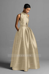 Halter Sleeveless High Waist Long Formal Dress With Pocket Pleated