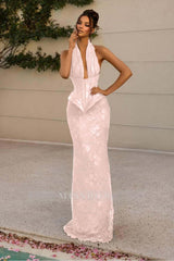 Halter Sleeveless Long Mermaid Formal Dress With Lace Appliques