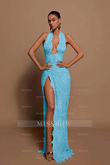 Halter Sleeveless Long Mermaid Formal Dress With Lace Appliques