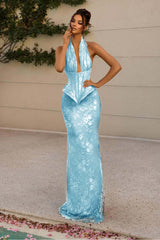 Halter Sleeveless Long Mermaid Formal Dress With Lace Appliques