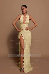 Halter Sleeveless Long Mermaid Formal Dress With Lace Appliques