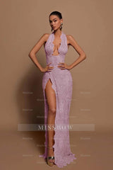 Halter Sleeveless Long Mermaid Formal Dress With Lace Appliques