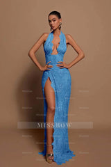 Halter Sleeveless Long Mermaid Formal Dress With Lace Appliques
