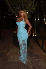 Halter Sleeveless Long Mermaid Formal Dress With Lace Embroidery