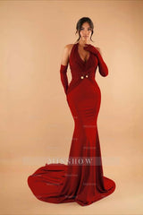 Halter Sleeveless Long Mermaid Formal Dress With Pleated Gloves