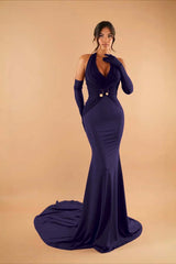 Halter Sleeveless Long Mermaid Formal Dress With Pleated Gloves