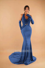 Halter Sleeveless Long Mermaid Formal Dress With Pleated Gloves