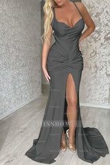 Halter Sleeveless Long Mermaid Formal Dress With Pleated Split