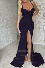 Halter Sleeveless Long Mermaid Formal Dress With Pleated Split