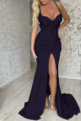 Halter Sleeveless Long Mermaid Formal Dress With Pleated Split