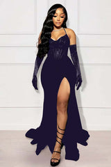 Halter Sleeveless Long Mermaid Formal Dress With Split Gloves