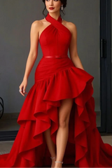 Halter Sleeveless Long Split Formal Dress With Pleated Ruffles