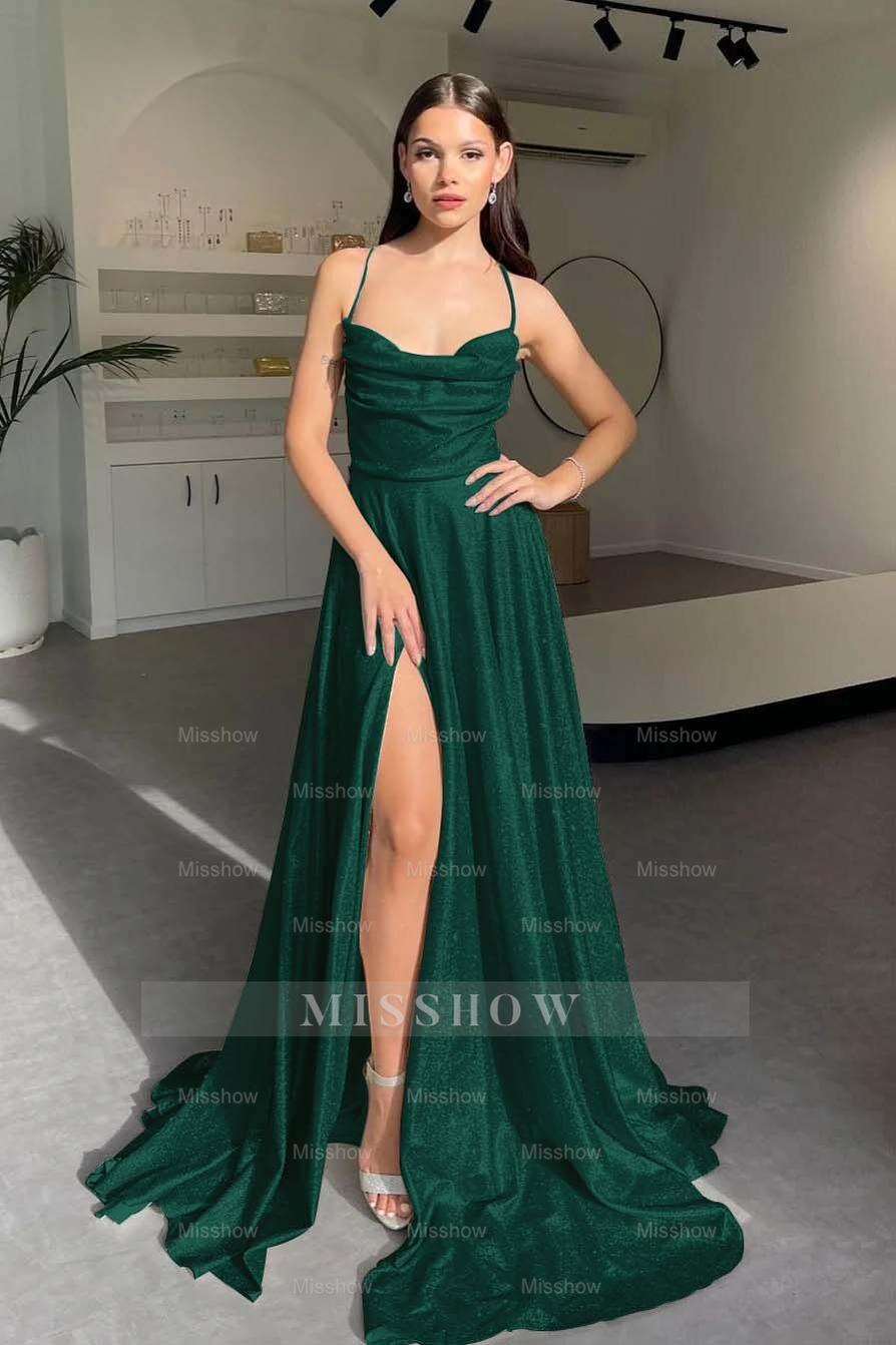 Halter Sleeveless Long Split Formal Dress With Pleated Sequins