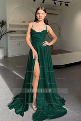 Halter Sleeveless Long Split Formal Dress With Pleated Sequins