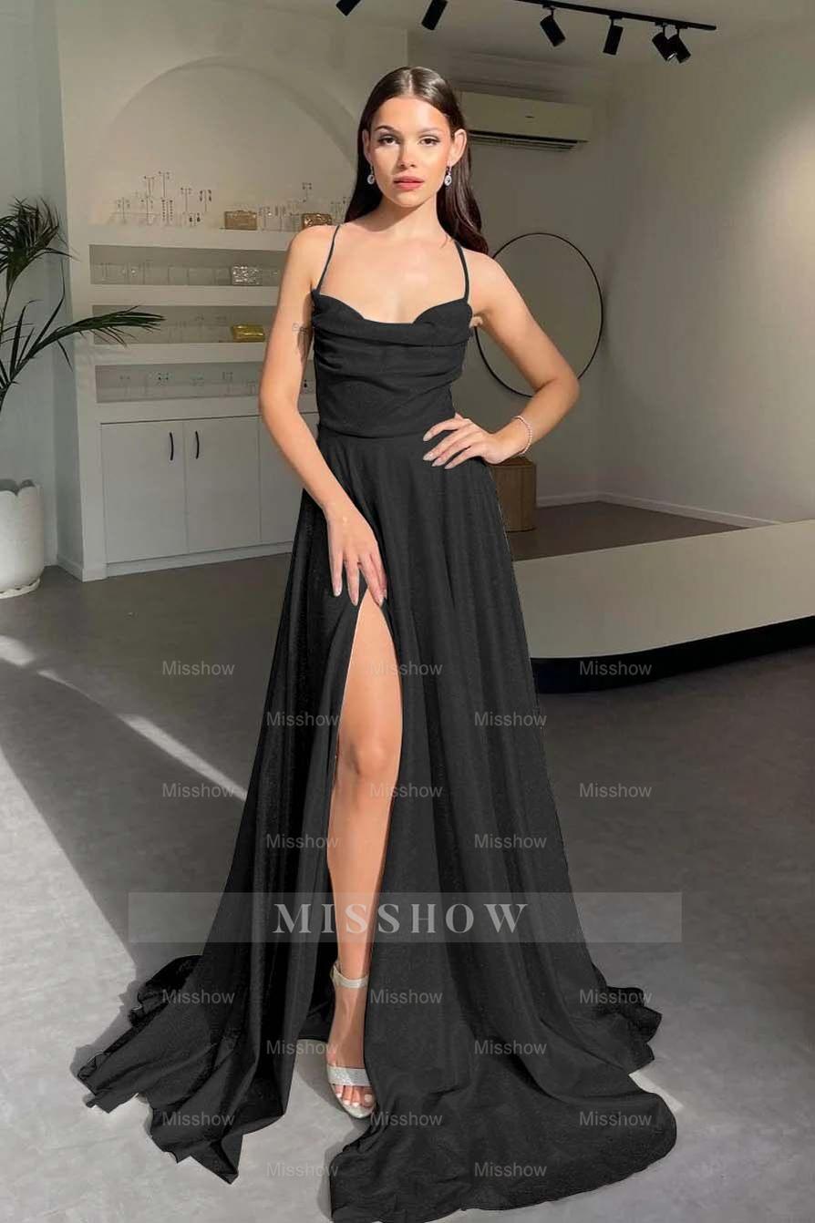 Halter Sleeveless Long Split Formal Dress With Pleated Sequins