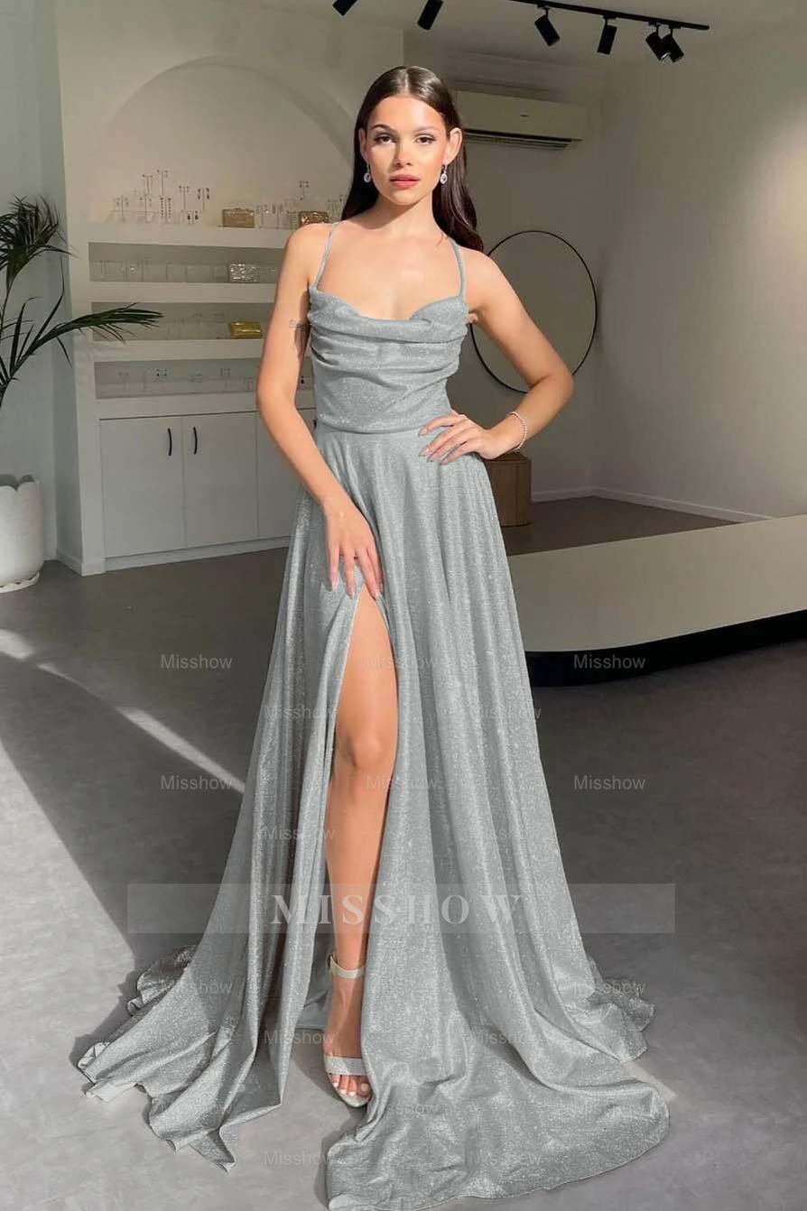 Halter Sleeveless Long Split Formal Dress With Pleated Sequins