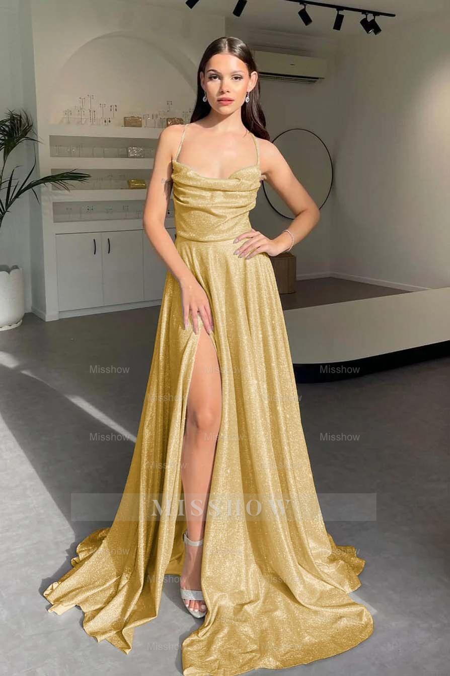 Halter Sleeveless Long Split Formal Dress With Pleated Sequins
