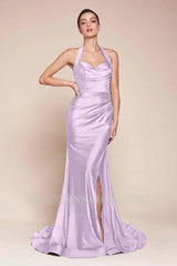 Halter Sleeveless Split Mermaid Long Formal Dress With Pleated