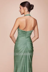 Halter Sleeveless Split Mermaid Long Formal Dress With Pleated